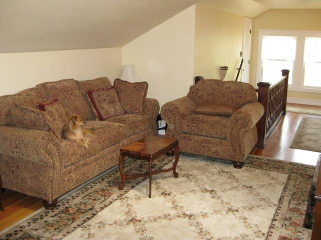 a living room with a dog sitting on the couch